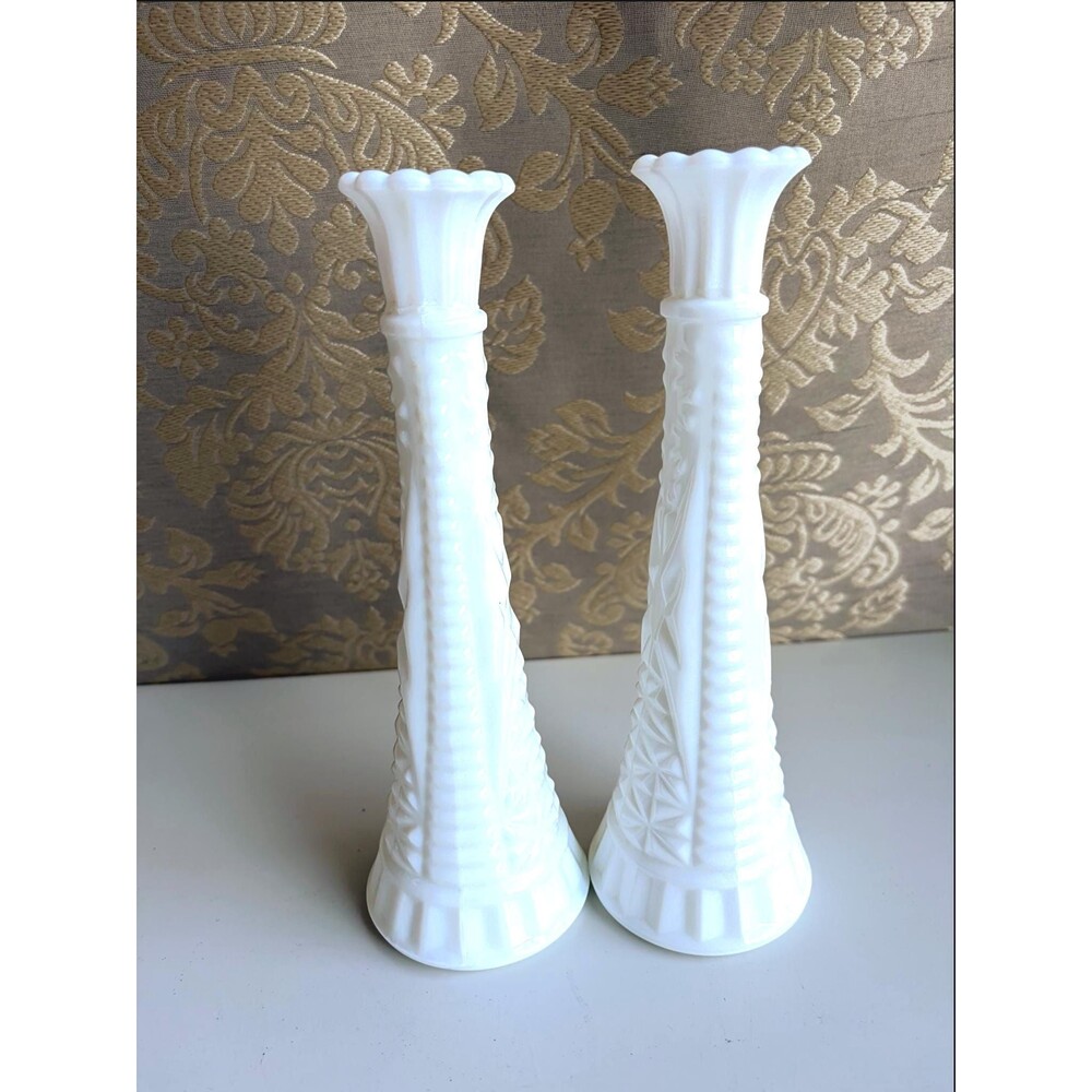 Vintage Milk Glass Bud Vases Pair Stars Bars Scalloped Rim Mid Century Decor